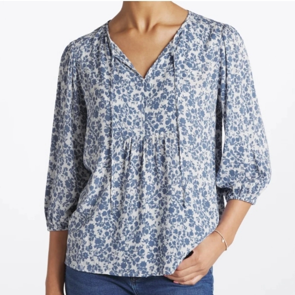 Papermoon Addley Clip Dot Woven Blue&White Floral 3/4 Sleeve Rayon Blouse Size S